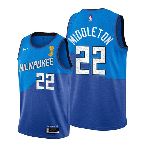 Men's Milwaukee Bucks #22 Khris Middleton 2021 Blue Finals Champions Stitched Basketball Jersey